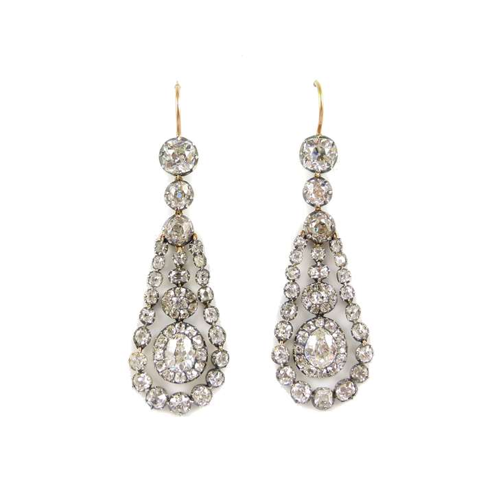 Pair of 19th century diamond drop cluster swing pendant earrings